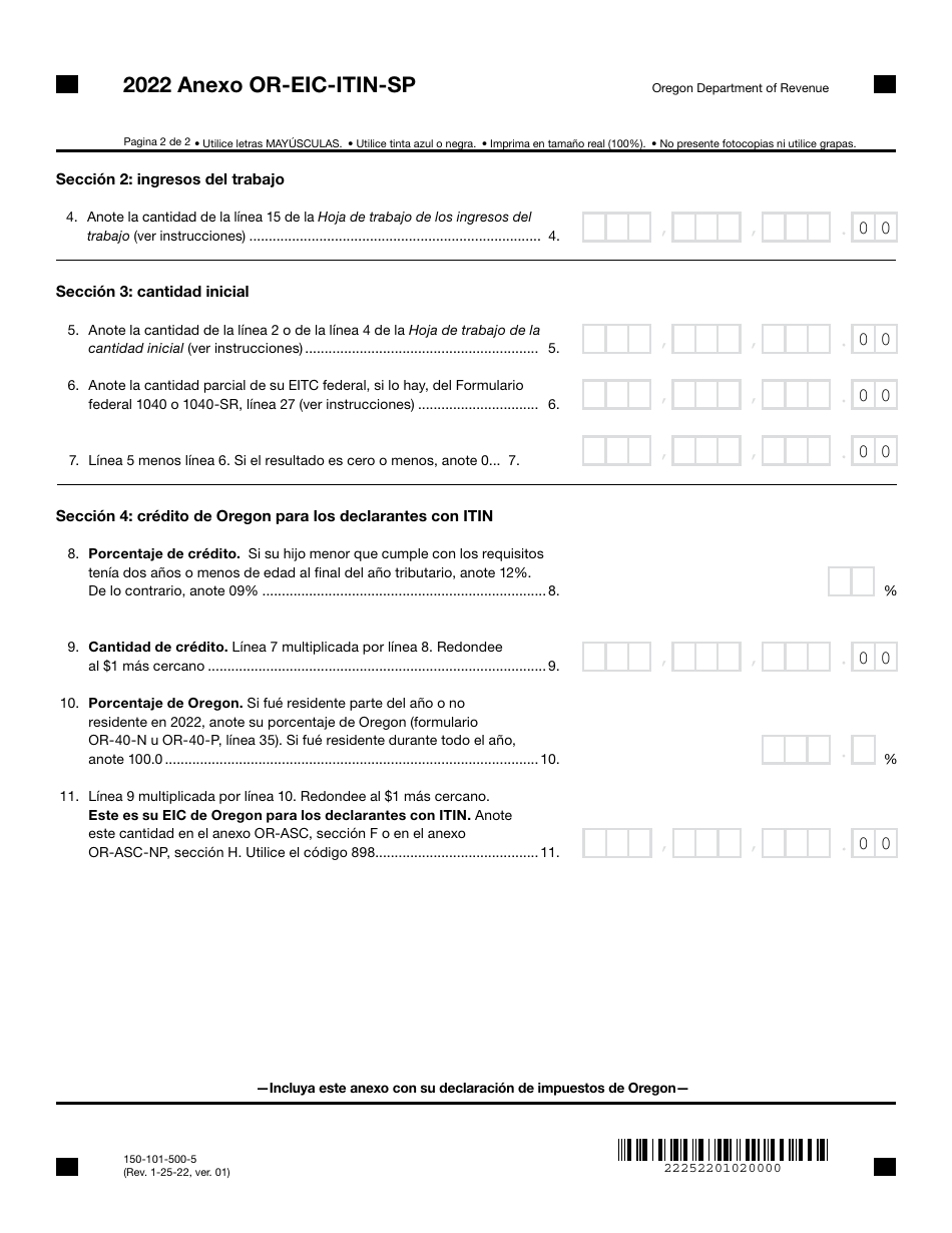 Formulario 150-101-500-5 Anexo OR-EIC-ITIN-SP Credito Por Ingreso Del Trabajo De Oregon - Oregon (Spanish), Page 2