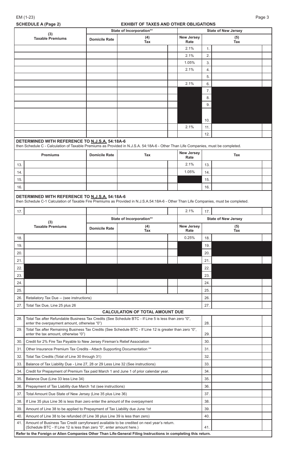 Form EM Foreign or Alien Companies Other Than Life - New Jersey, Page 3
