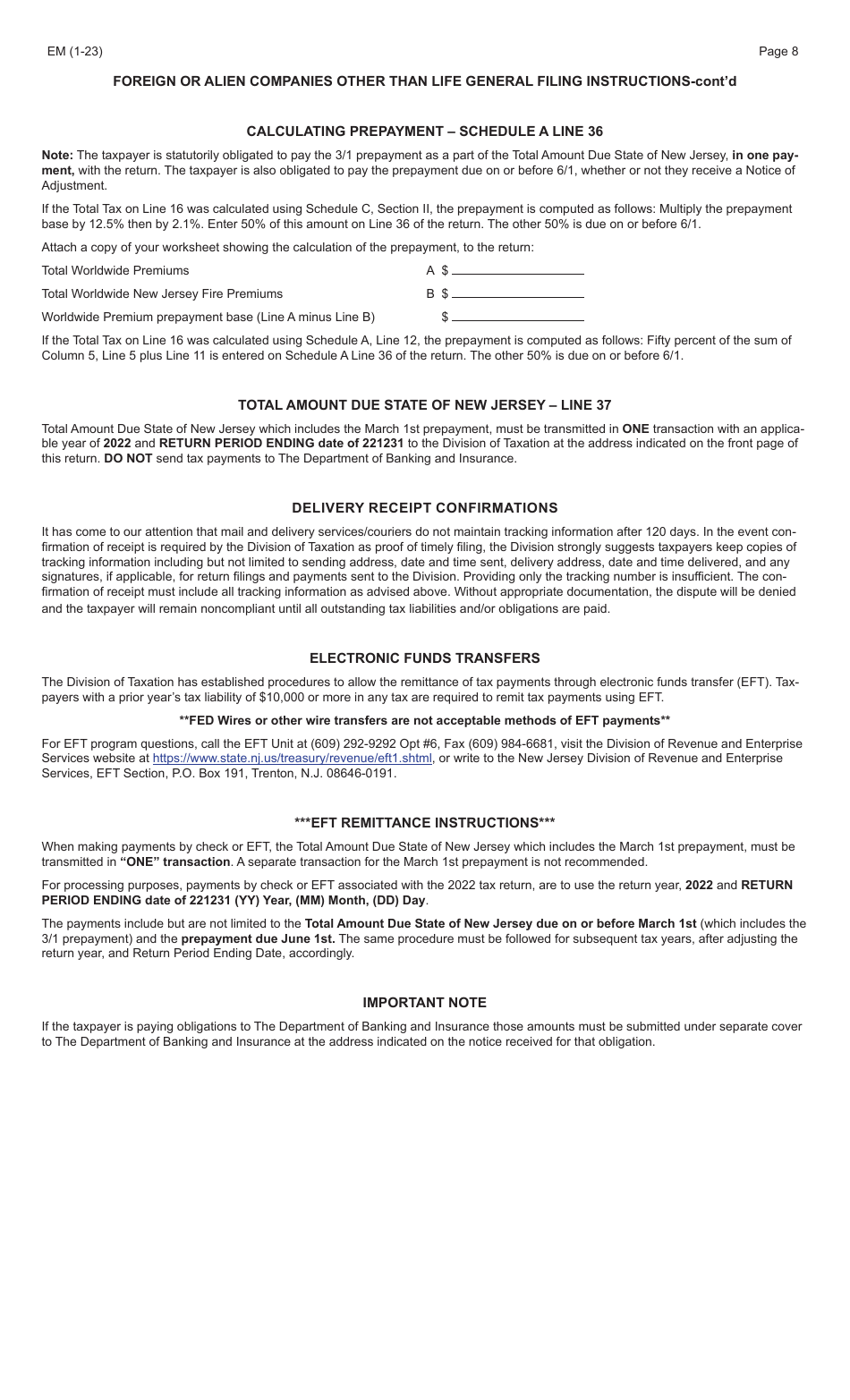 Form EM Foreign or Alien Companies Other Than Life - New Jersey, Page 8