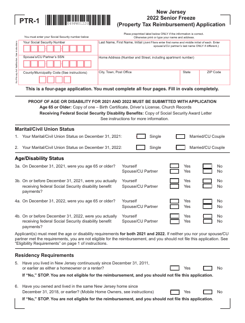 Form PTR-1 Senior Freeze (Property Tax Reimbursement) Application - New Jersey, 2022