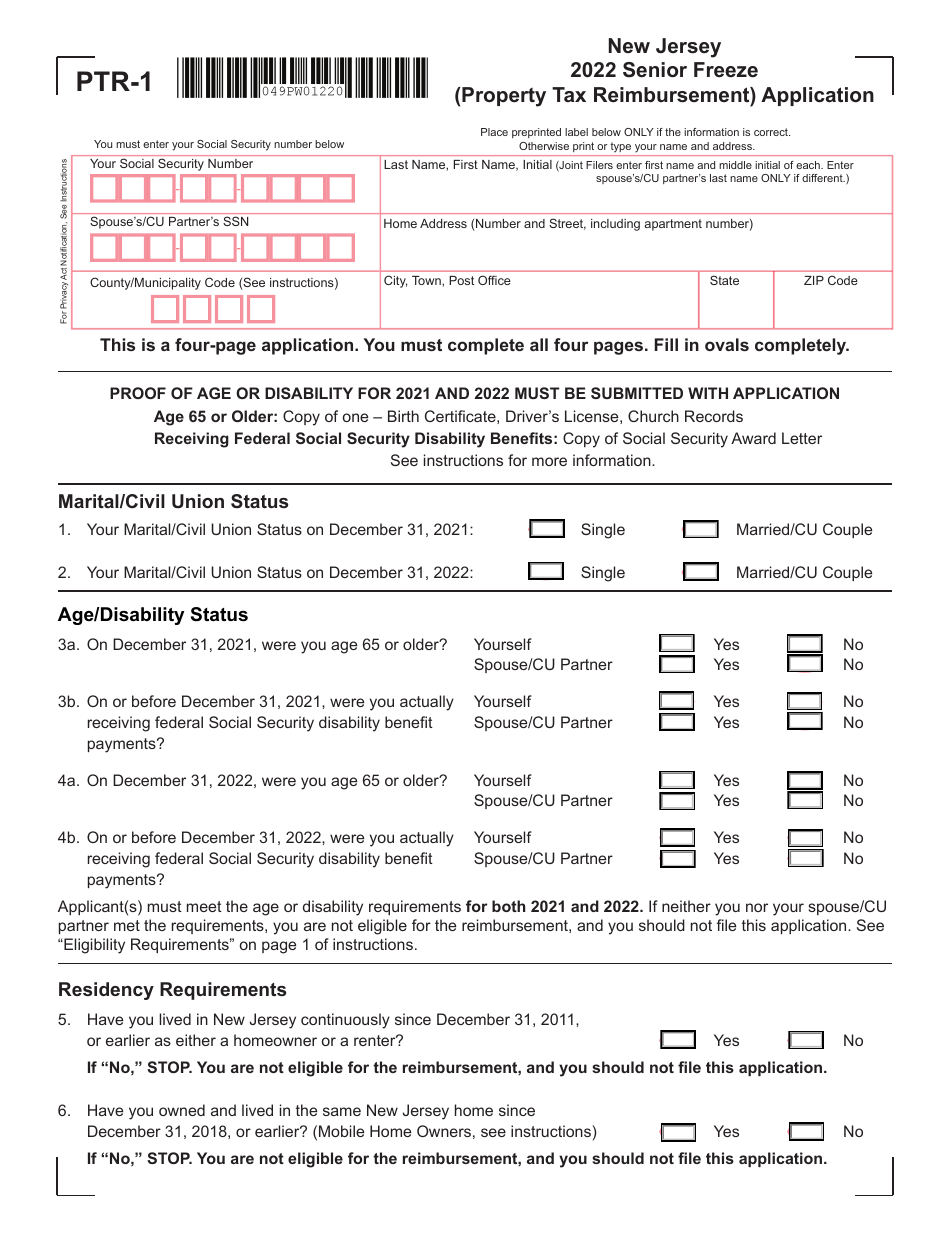 Form PTR-1 Senior Freeze (Property Tax Reimbursement) Application - New Jersey, Page 1