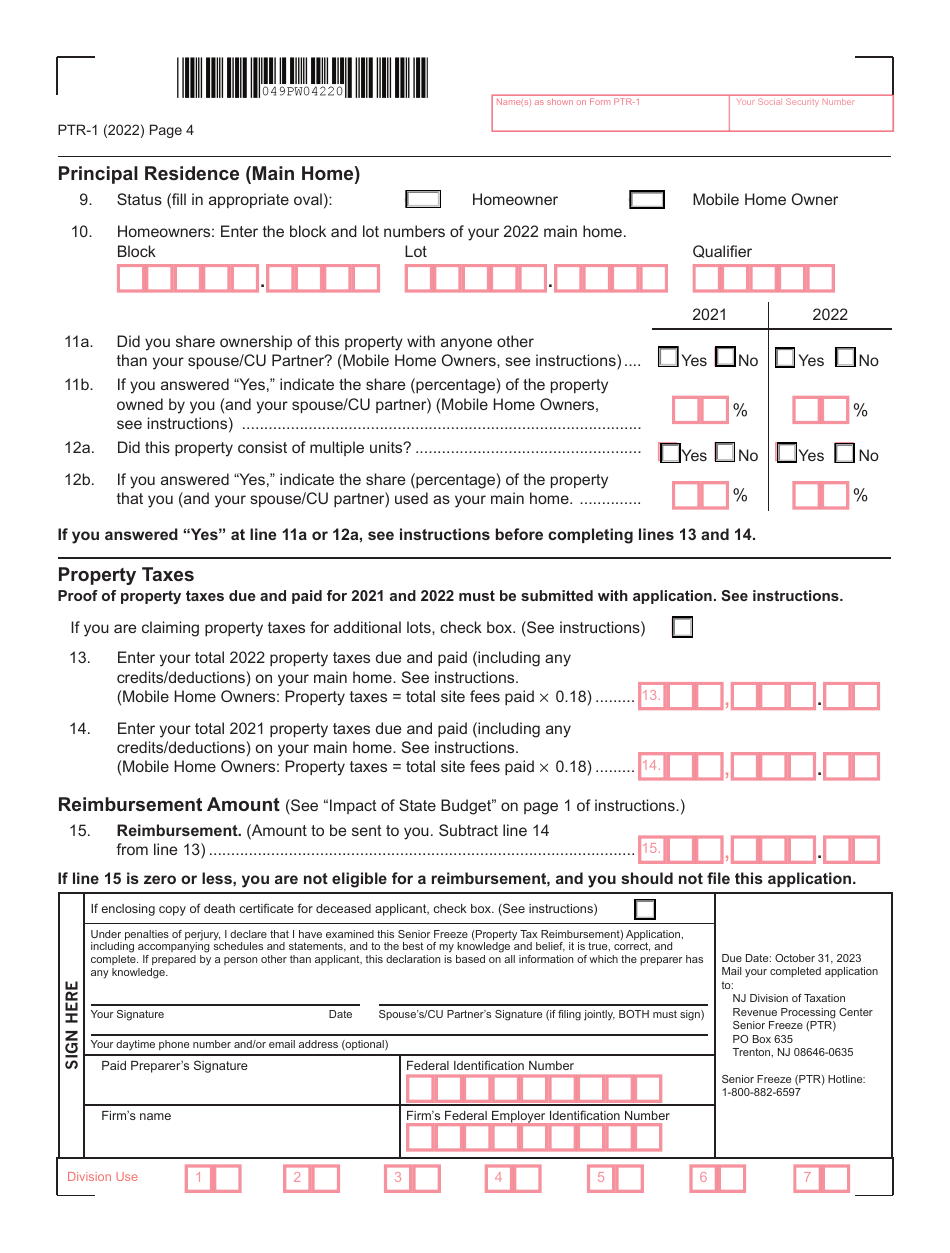 Form PTR1 Download Fillable PDF or Fill Online Senior Freeze (Property