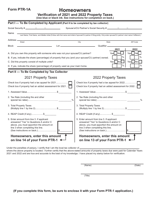 Form PTR-1A Homeowners Verification of Property Taxes - New Jersey, 2022