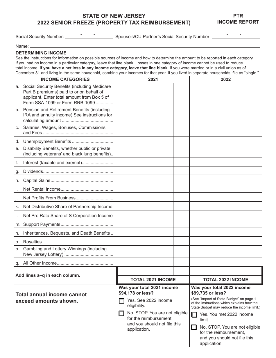 Form PTR Senior Freeze (Property Tax Reimbursement) - New Jersey, Page 1