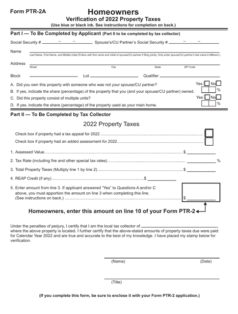 Form PTR-2A Homeowners Verification of Property Taxes - New Jersey, 2022