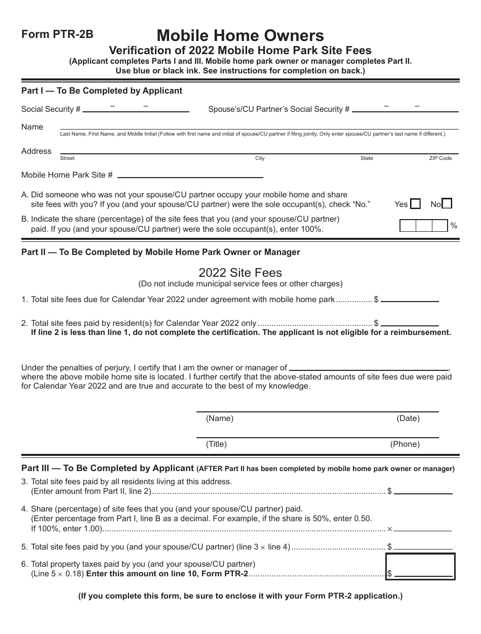 Form PTR-2B Mobile Home Owners Verification of Mobile Home Park Site Fees - New Jersey, Page 1