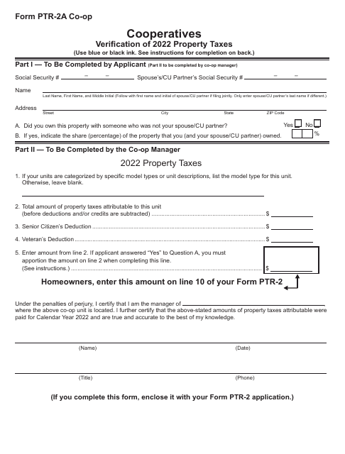 Form PTR-2A CO-OP Cooperatives Verification of Property Taxes - New Jersey, 2022