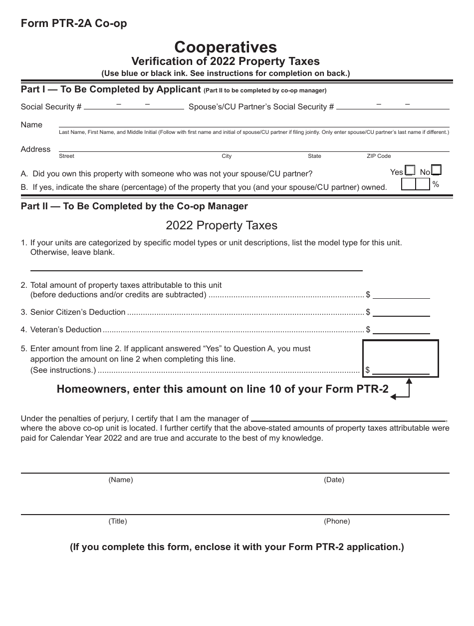 Form PTR-2A CO-OP Cooperatives Verification of Property Taxes - New Jersey, Page 1