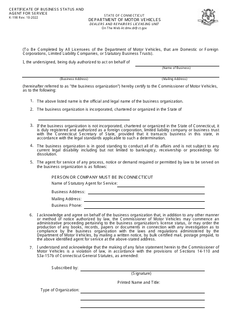 Form K-198 Certificate of Business Status and Agent for Service - Connecticut