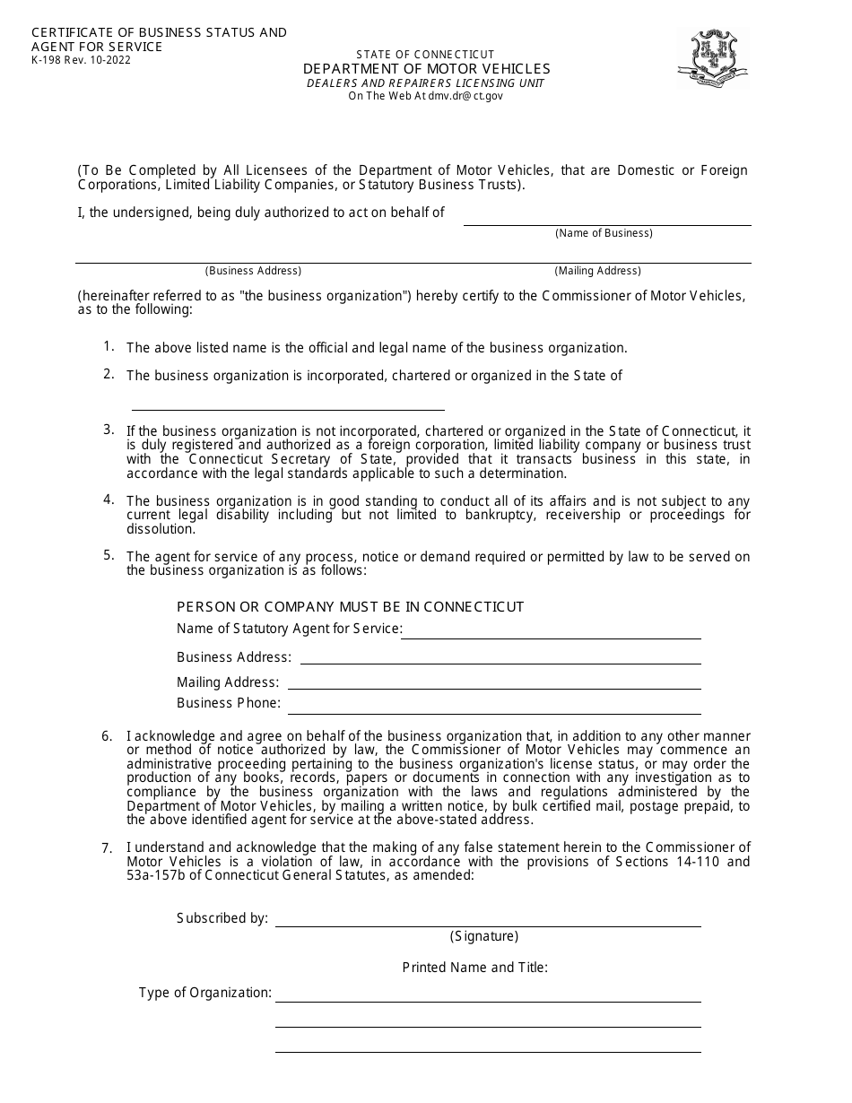 Form K-198 Certificate of Business Status and Agent for Service - Connecticut, Page 1