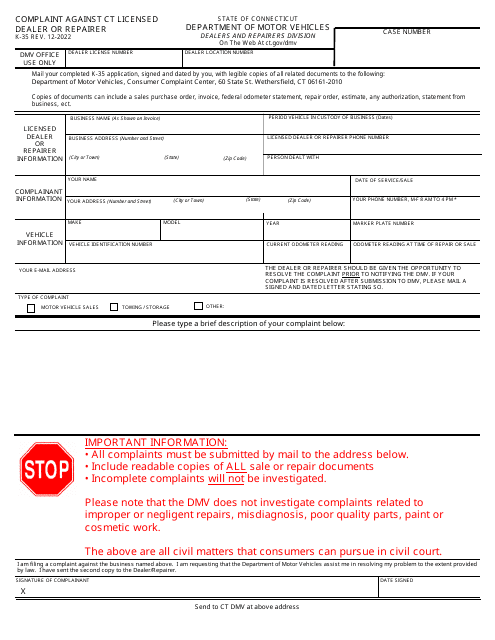 Form K-35 Complaint Against Ct Licensed Dealer or Repairer - Connecticut