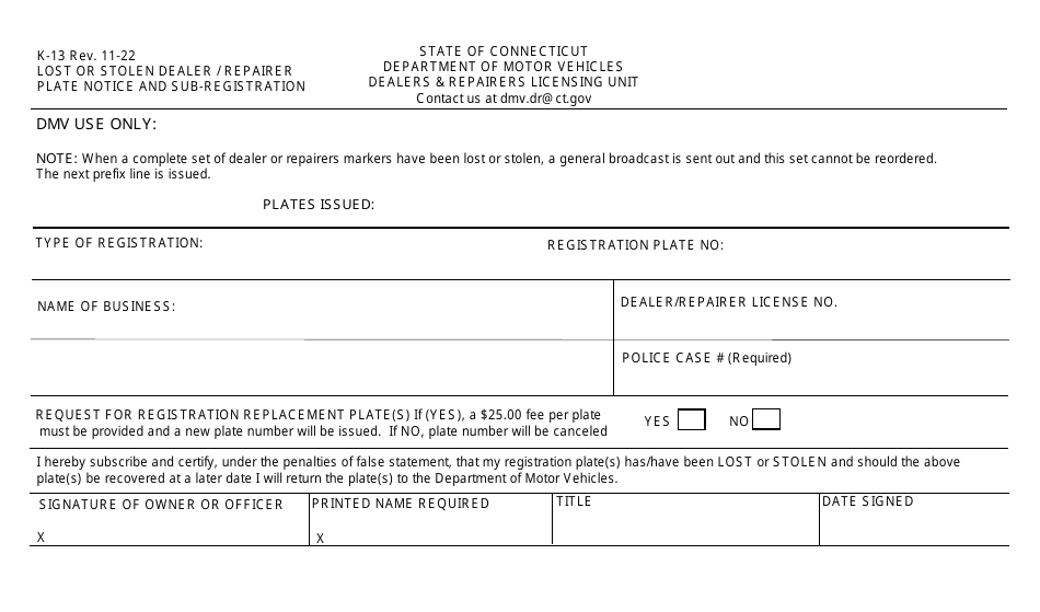 Form K13 Download Fillable PDF or Fill Online Lost or Stolen Dealer or