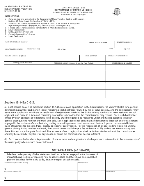 Form K-164 Marine Dealer Trailer Registration Application - Connecticut
