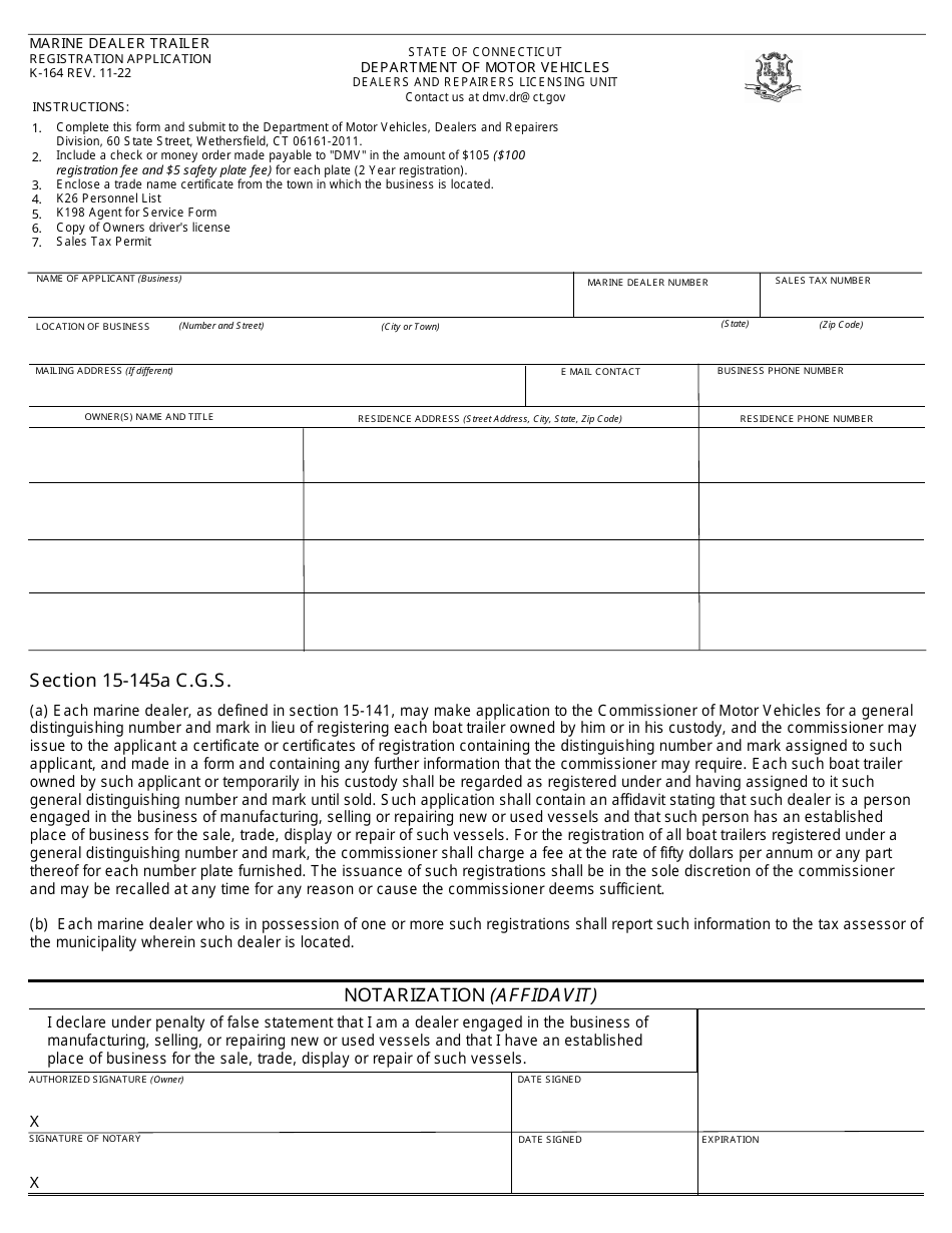 Form K-164 Marine Dealer Trailer Registration Application - Connecticut, Page 1