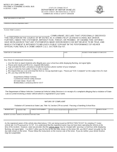 Form R-335 Notice of Complaint - Passing a Standing School Bus - Connecticut