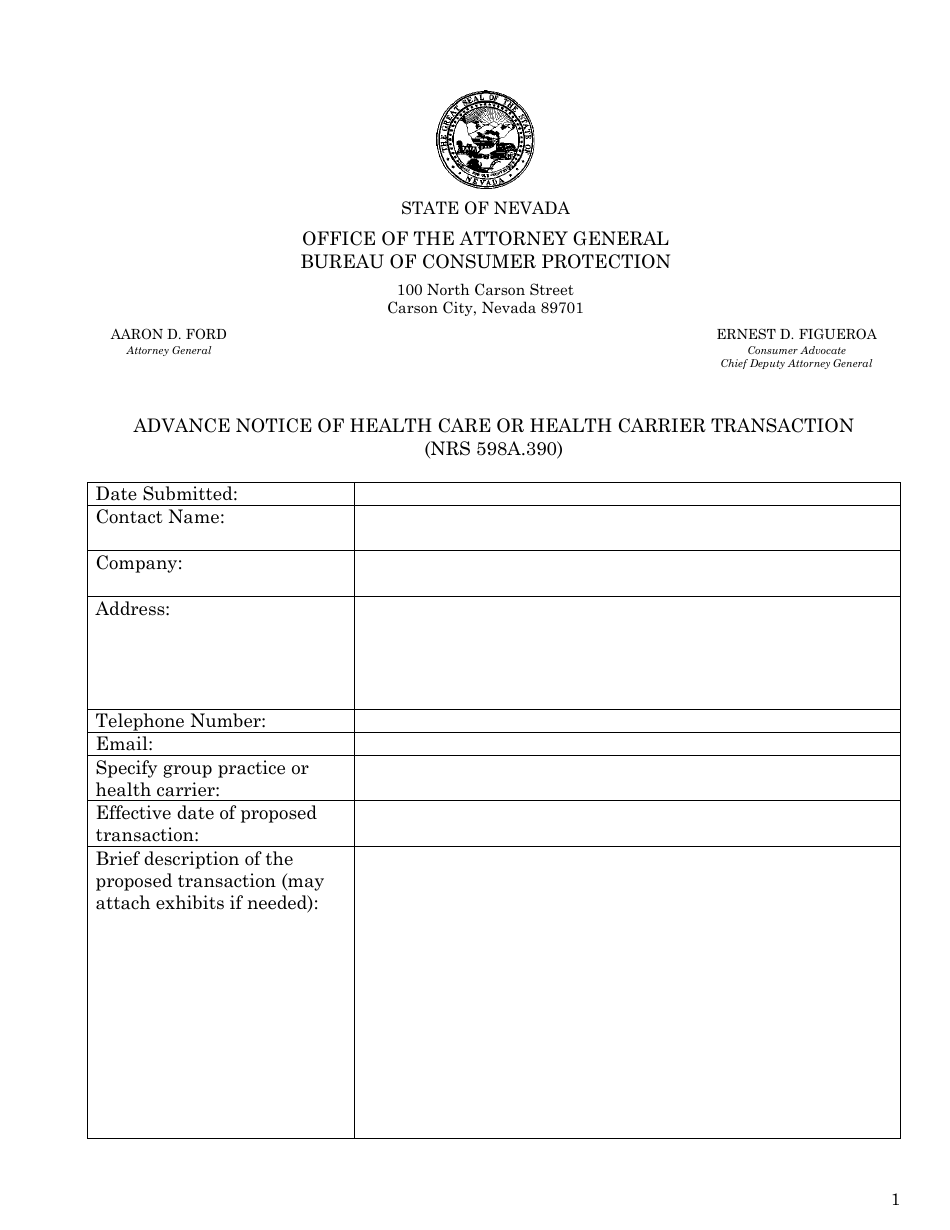 Advance Notice of Health Care or Health Carrier Transaction - Nevada, Page 1