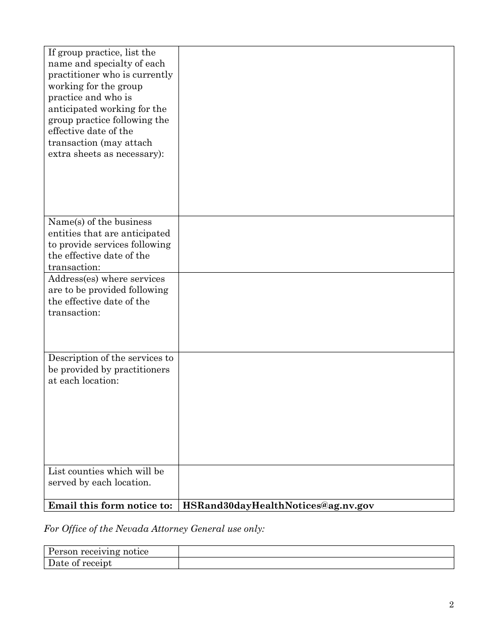 Advance Notice of Health Care or Health Carrier Transaction - Nevada, Page 2