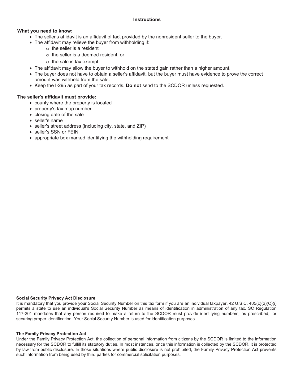 Form I-295 Sellers Affidavit Nonresident Seller Withholding - South Carolina, Page 3