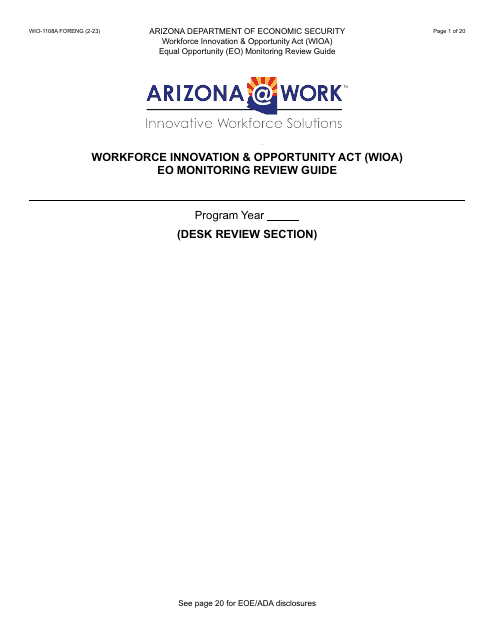 Form WIO-1108A Workforce Innovation & Opportunity Act (Wioa) Eo Monitoring Review Guide - Arizona