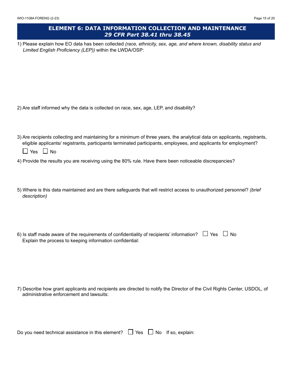Form WIO-1108A Workforce Innovation  Opportunity Act (Wioa) Eo Monitoring Review Guide - Arizona, Page 15