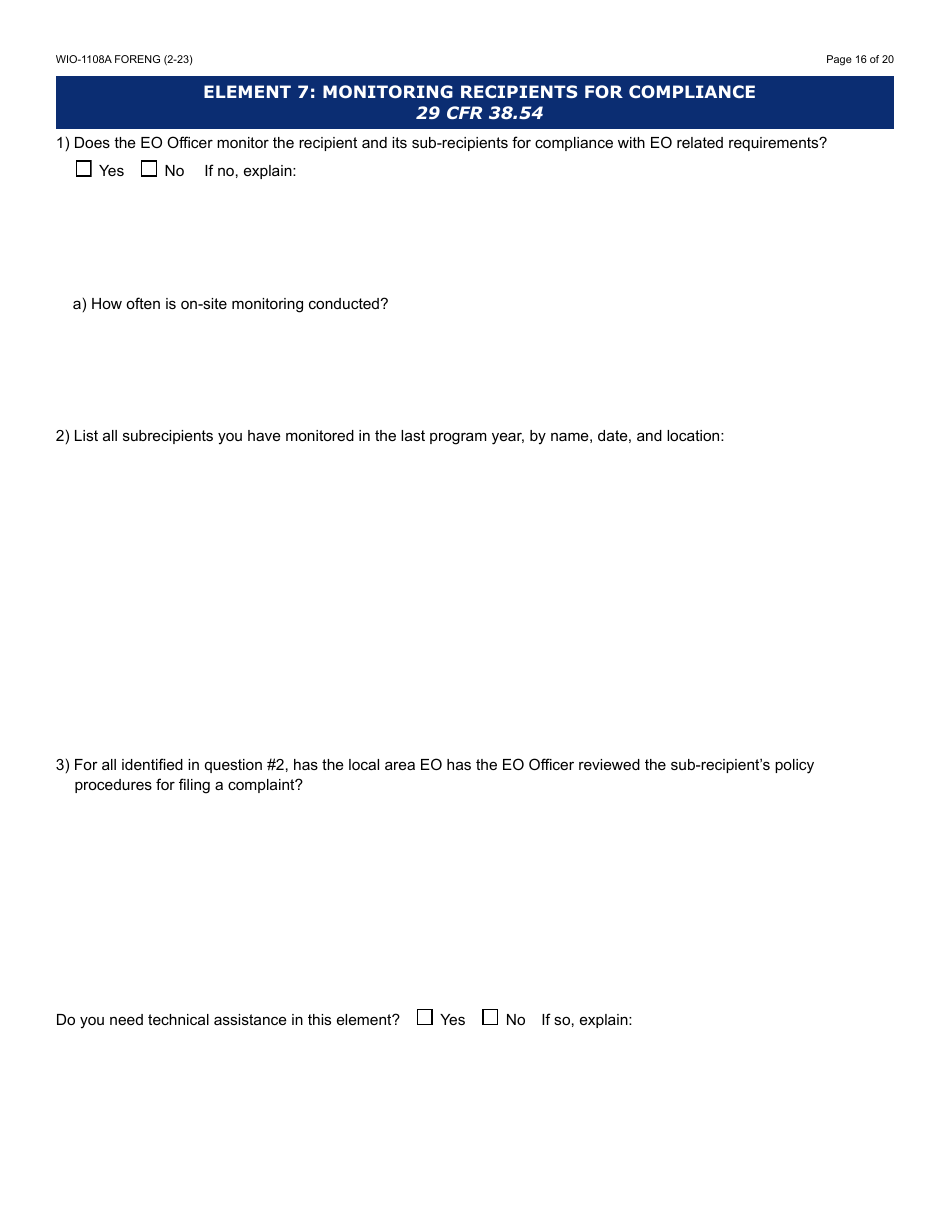 Form WIO-1108A Workforce Innovation  Opportunity Act (Wioa) Eo Monitoring Review Guide - Arizona, Page 16