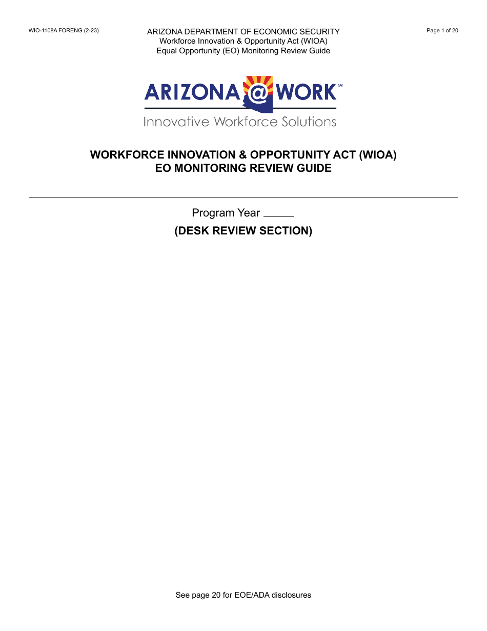 Form WIO-1108A Workforce Innovation  Opportunity Act (Wioa) Eo Monitoring Review Guide - Arizona, Page 1