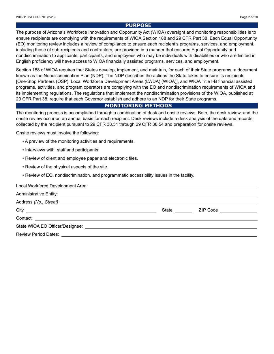 Form WIO-1108A Workforce Innovation  Opportunity Act (Wioa) Eo Monitoring Review Guide - Arizona, Page 2