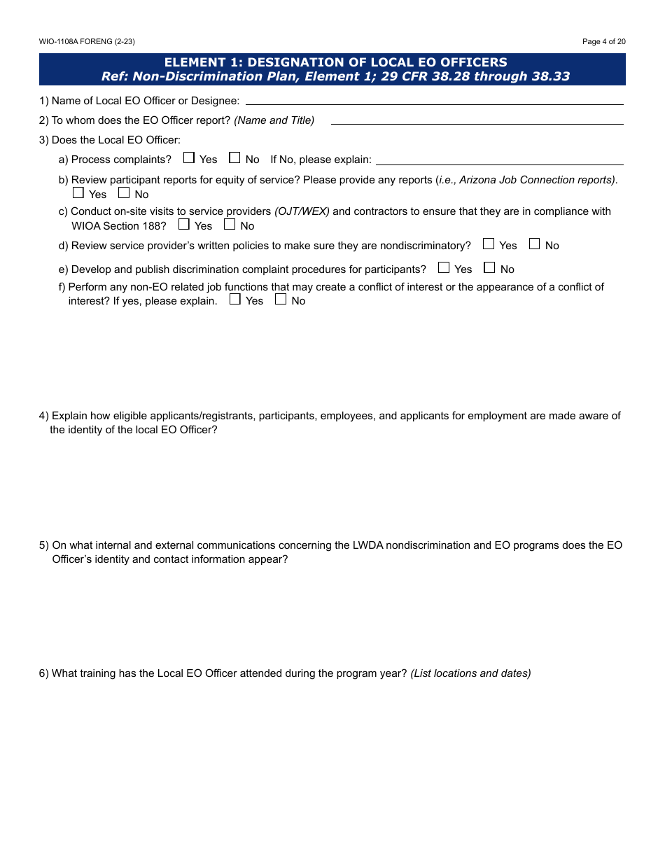 Form WIO-1108A Workforce Innovation  Opportunity Act (Wioa) Eo Monitoring Review Guide - Arizona, Page 4