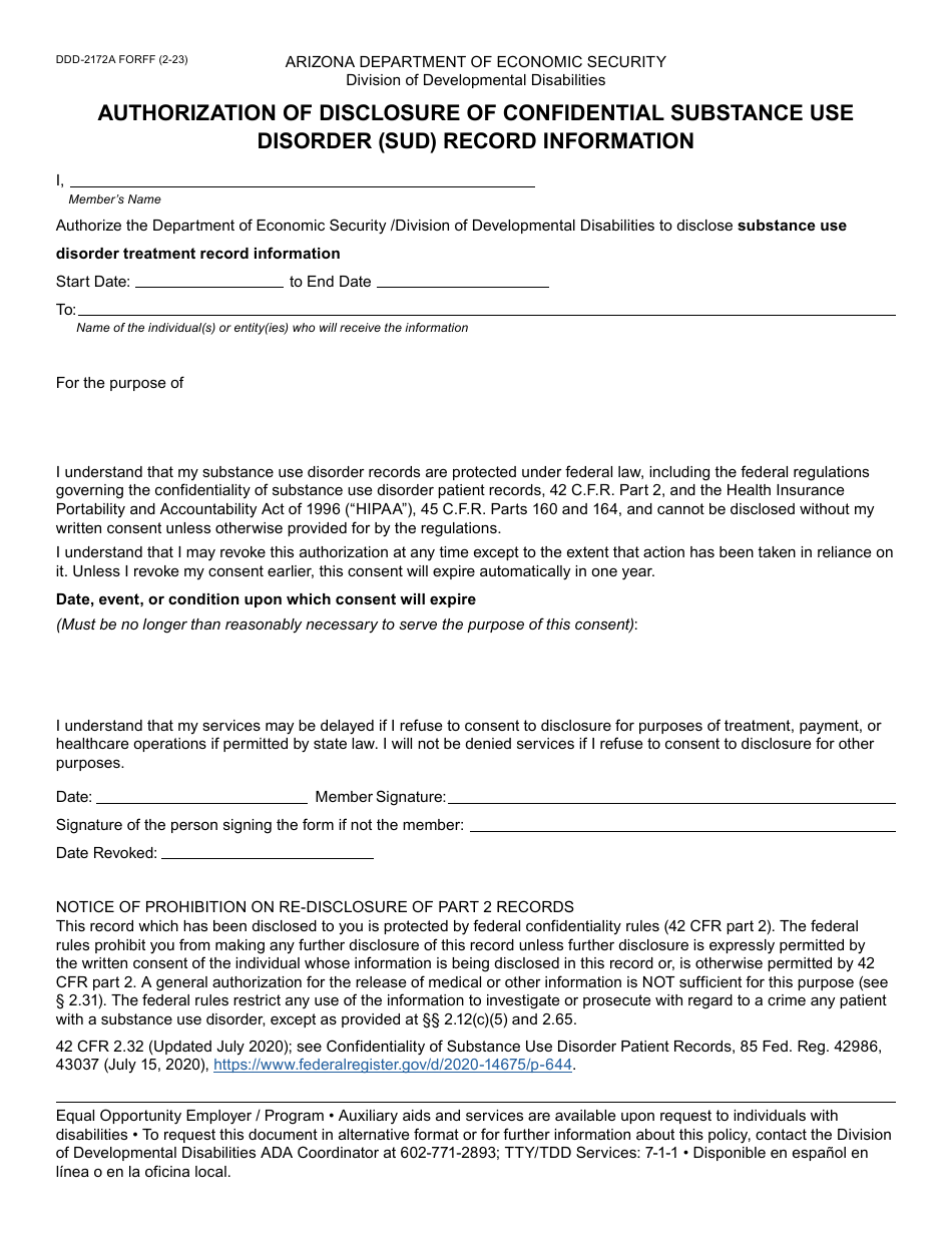 Form DDD-2172A Authorization of Disclosure of Confidential Substance Use Disorder (Sud) Record Information - Arizona, Page 1