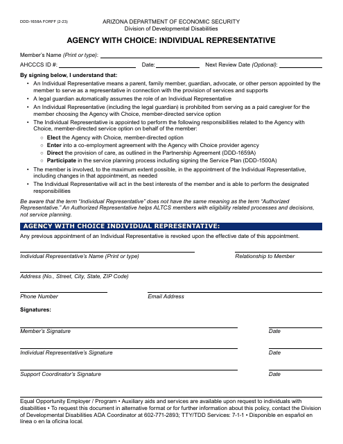 Form DDD-1658A Agency With Choice: Individual Representative - Arizona