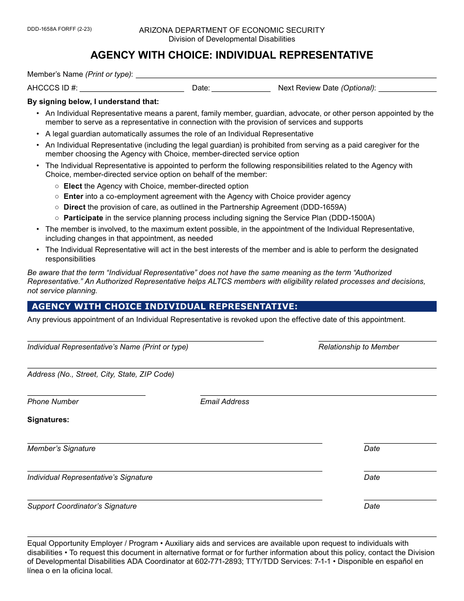 Form DDD-1658A Agency With Choice: Individual Representative - Arizona, Page 1