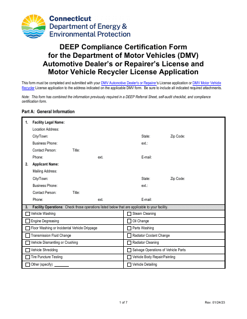 Deep Compliance Certification Form for the Department of Motor Vehicles (DMV) Automotive Dealer's or Repairer's License and Motor Vehicle Recycler License Application - Connecticut Download Pdf