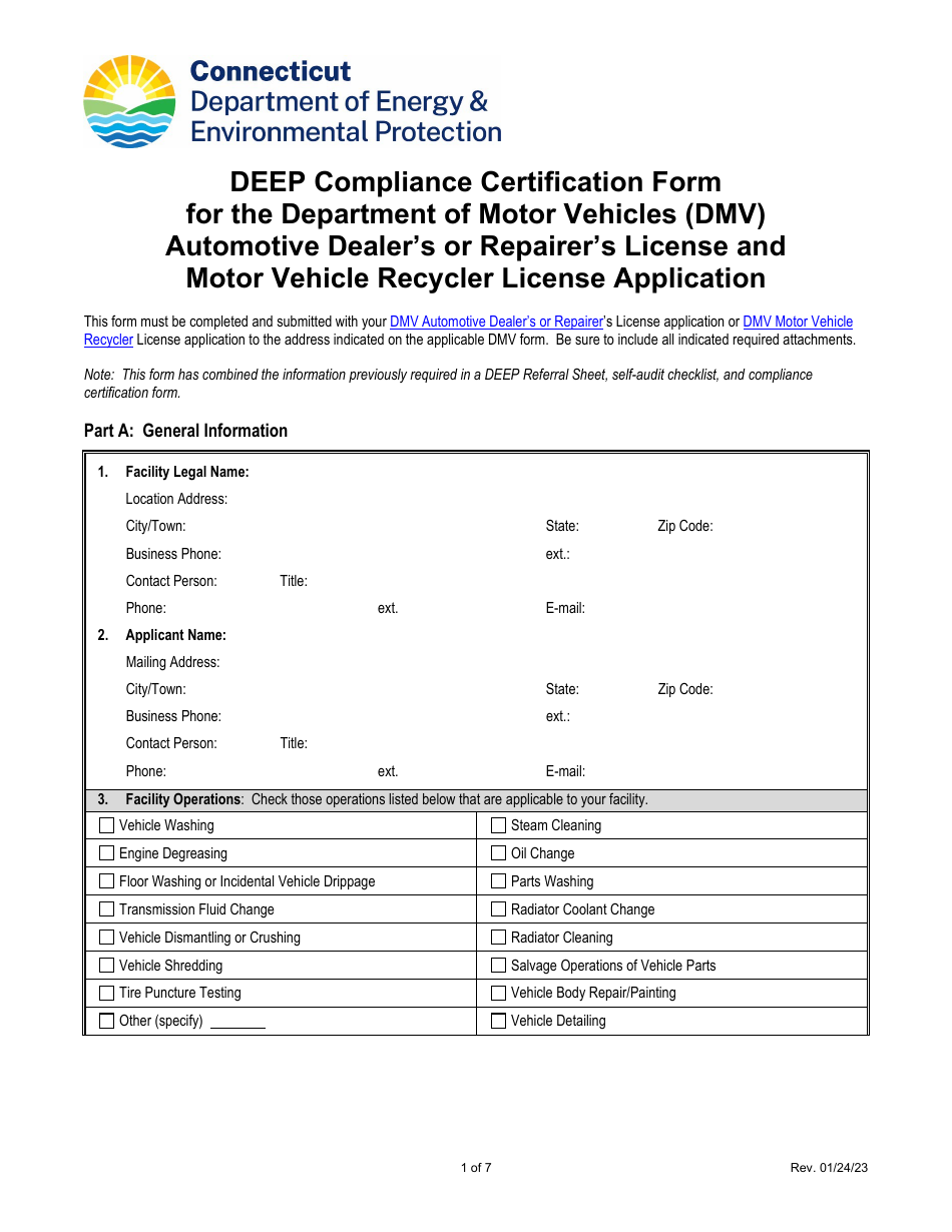 Deep Compliance Certification Form for the Department of Motor Vehicles (DMV) Automotive Dealers or Repairers License and Motor Vehicle Recycler License Application - Connecticut, Page 1
