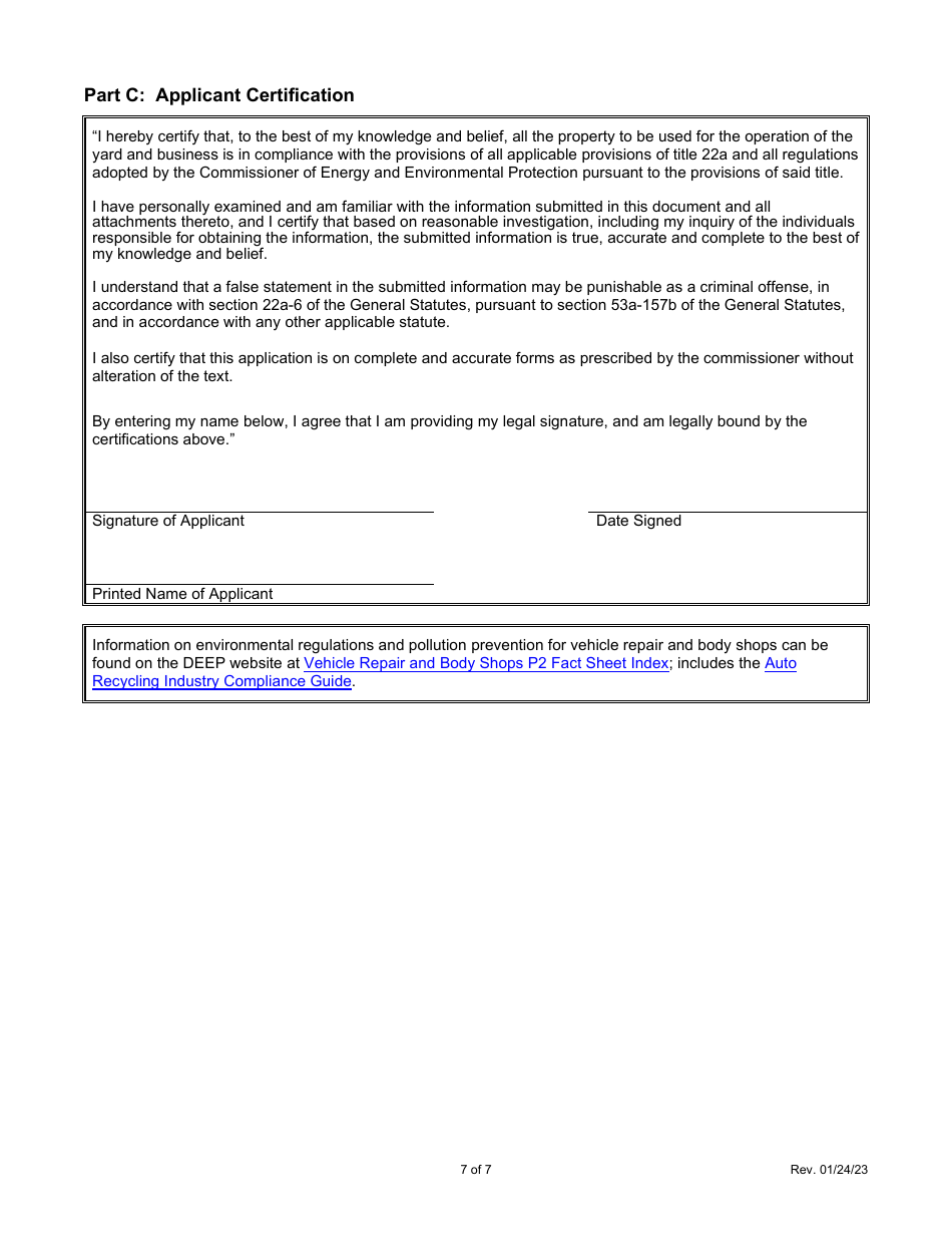 Deep Compliance Certification Form for the Department of Motor Vehicles (DMV) Automotive Dealers or Repairers License and Motor Vehicle Recycler License Application - Connecticut, Page 7