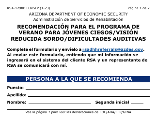 Document preview: Formulario RSA-1298B-LPS Recomendacion Para El Programa De Verano Para Jovenes Ciegos/Vision Reducida Sordo/Dificultades Auditivas (Letra Grande) - Arizona (Spanish)