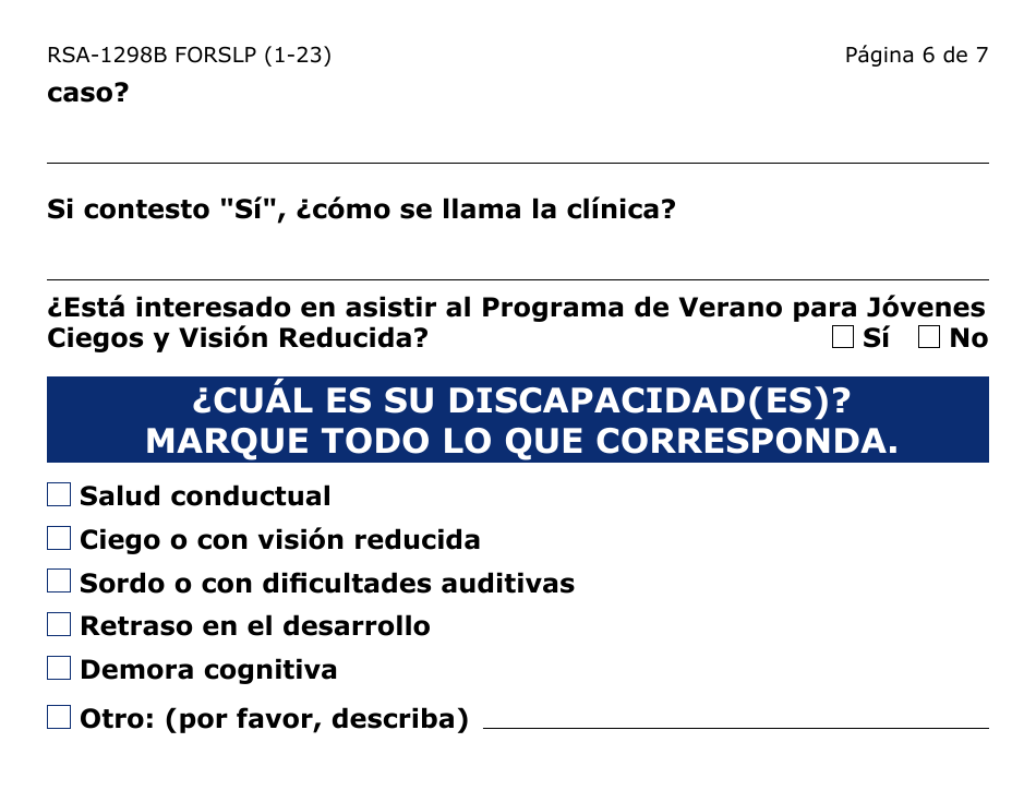 Formulario RSA-1298B-LPS Recomendacion Para El Programa De Verano Para Jovenes Ciegos / Vision Reducida Sordo / Dificultades Auditivas (Letra Grande) - Arizona (Spanish), Page 6