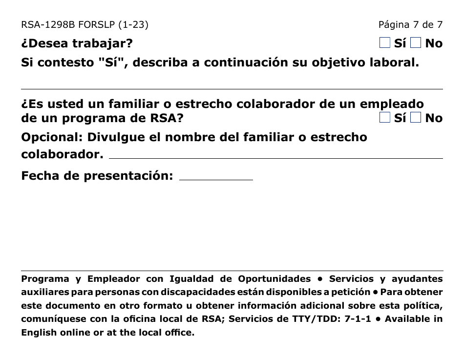Formulario RSA-1298B-LPS Recomendacion Para El Programa De Verano Para Jovenes Ciegos / Vision Reducida Sordo / Dificultades Auditivas (Letra Grande) - Arizona (Spanish), Page 7