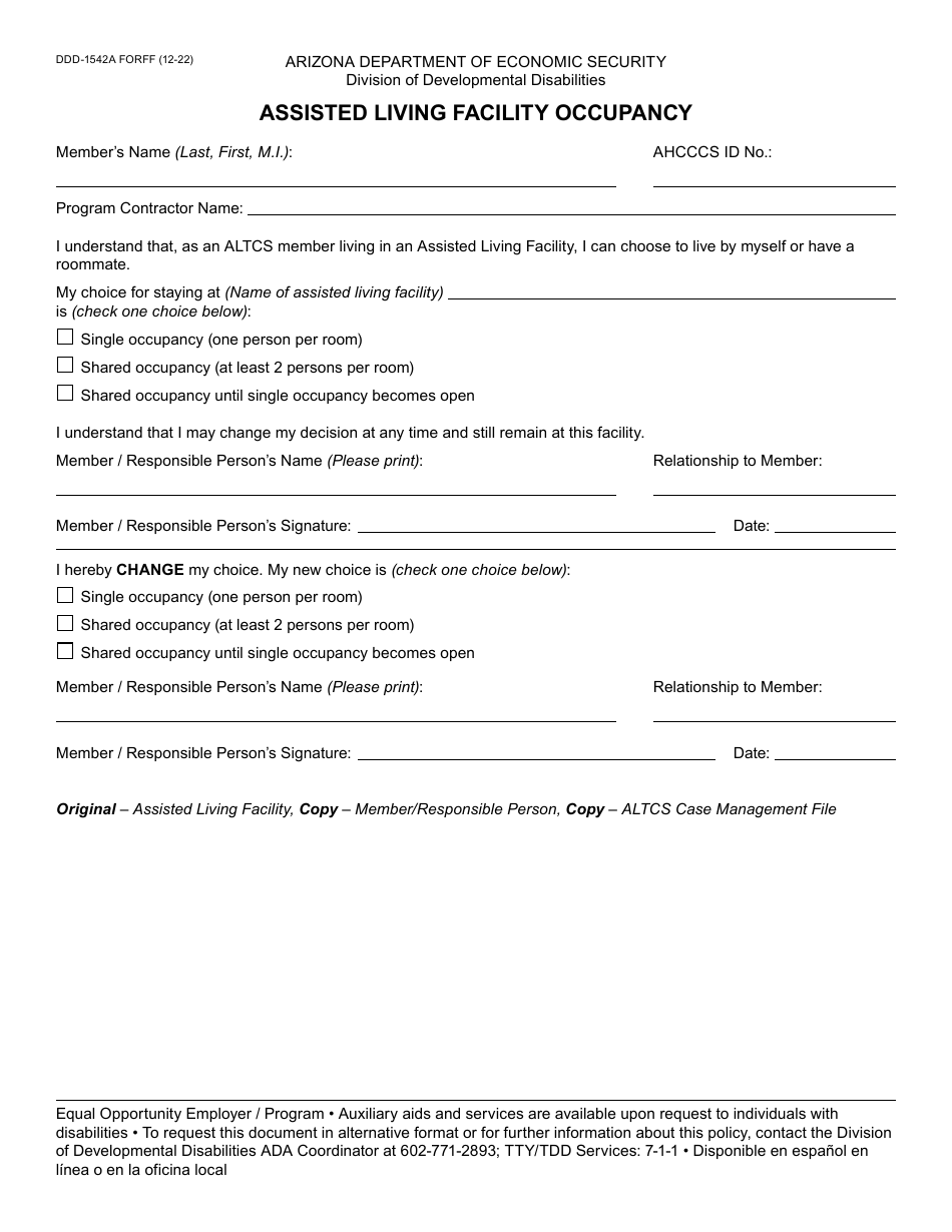Form DDD-1542A Assisted Living Facility Occupancy - Arizona, Page 1