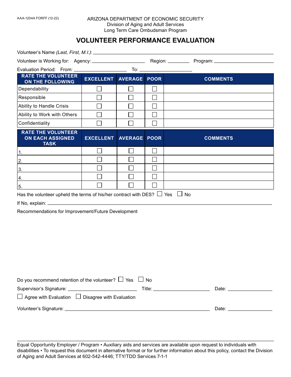 Form AAA-1204A Volunteer Performance Evaluation - Arizona, Page 1