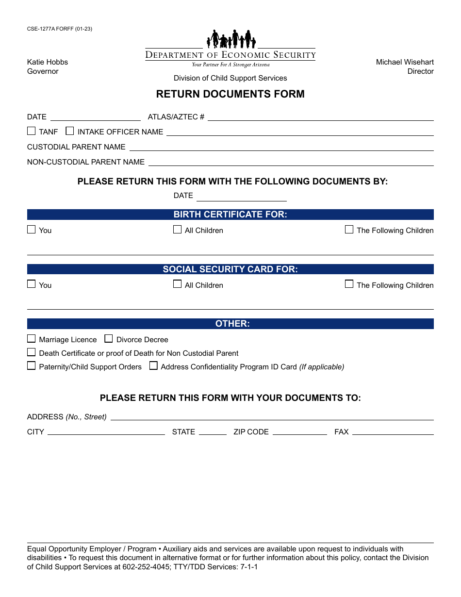 Form CSE-1277A Return Documents Form - Arizona, Page 1