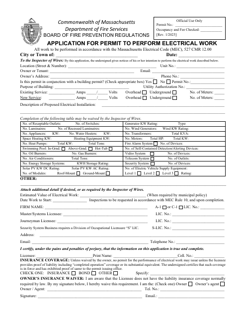 Application for Permit to Perform Electrical Work - Massachusetts