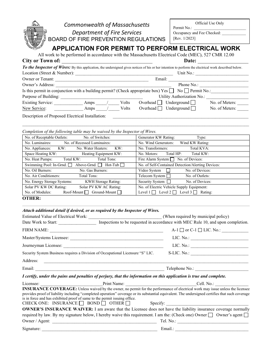 Massachusetts Application for Permit to Perform Electrical Work Download Printable PDF 2007