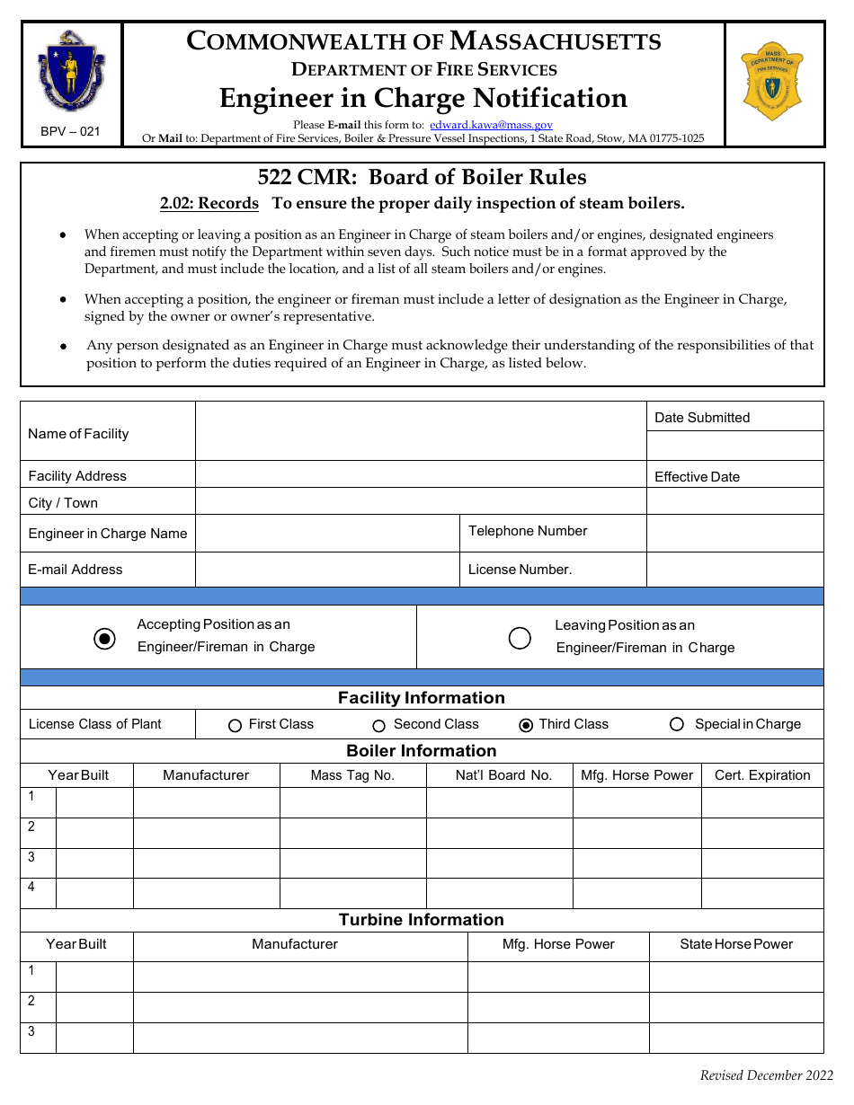 Form BPV-021 Engineer in Charge Notification - Massachusetts, Page 1