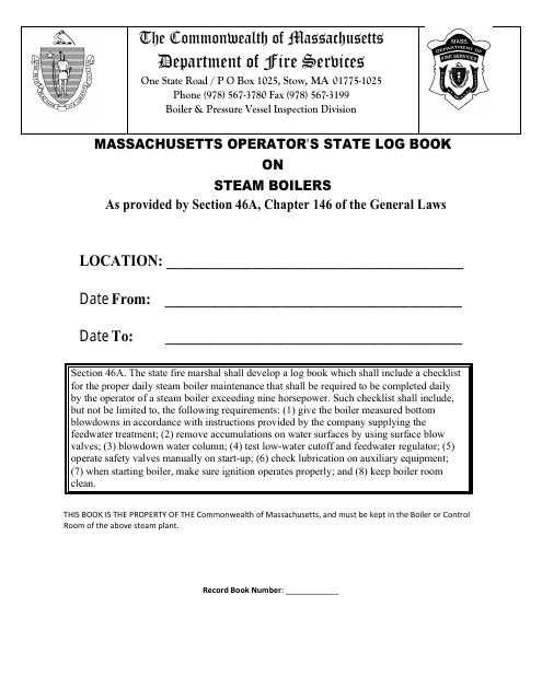 Form BPV-027 Massachusetts Operator's State Log Book on Steam Boilers - Massachusetts