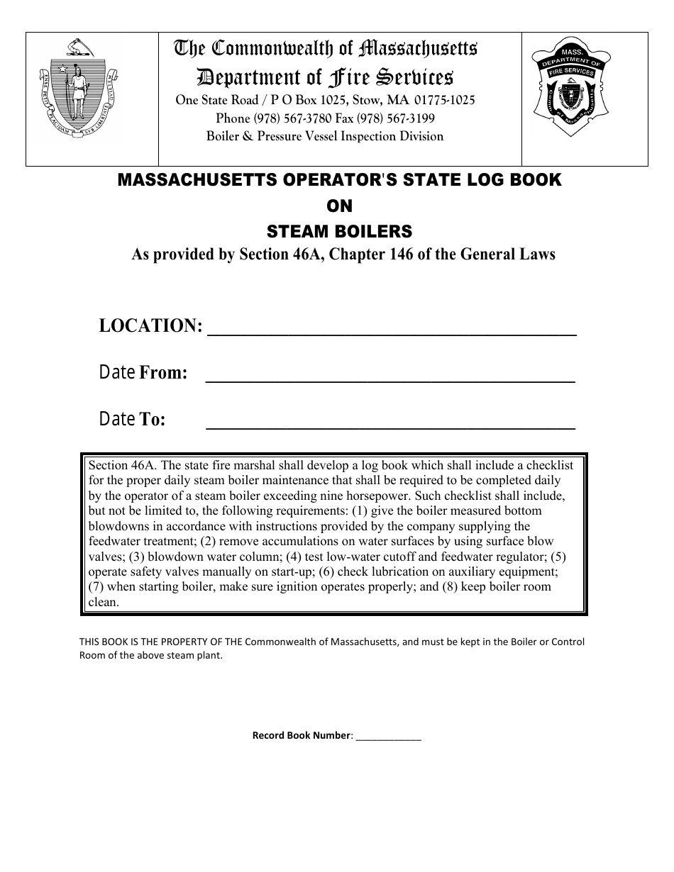 Form BPV-027 Massachusetts Operators State Log Book on Steam Boilers - Massachusetts, Page 1