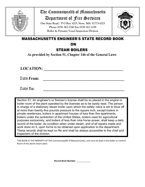 Form BPV-026 Massachusetts Engineer's State Record Book on Steam Boilers - Massachusetts
