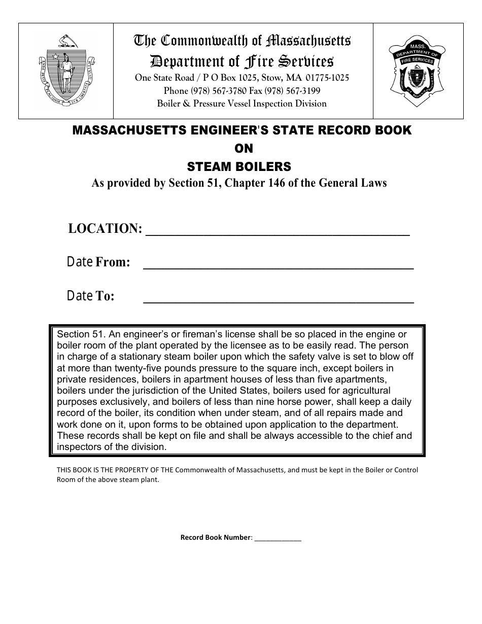 Form BPV-026 Massachusetts Engineers State Record Book on Steam Boilers - Massachusetts, Page 1