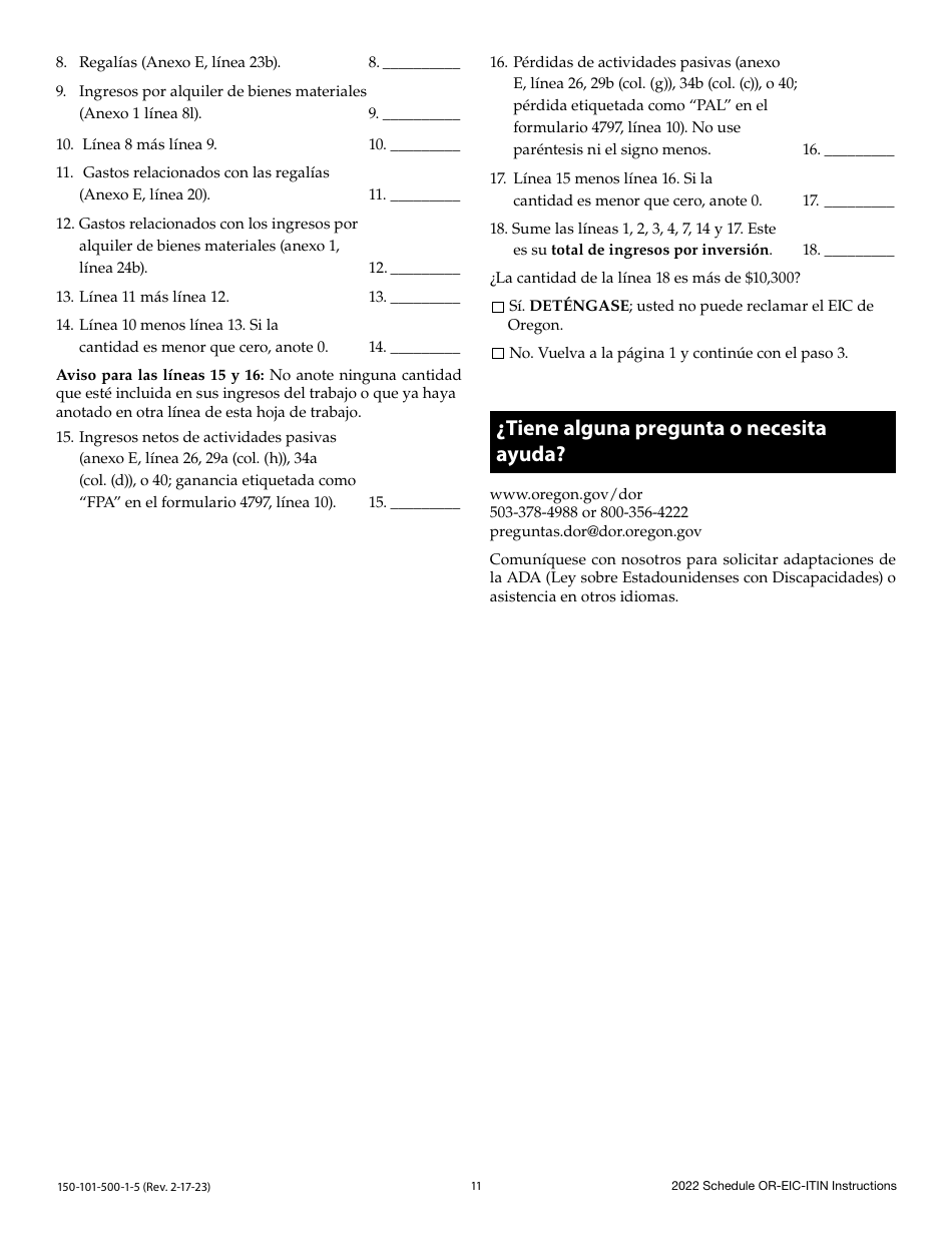 Instrucciones para Formulario 150-101-500, OR-EIC-ITIN Credito Por Ingreso Del Trabajo De Oregon - Oregon (Spanish), Page 11