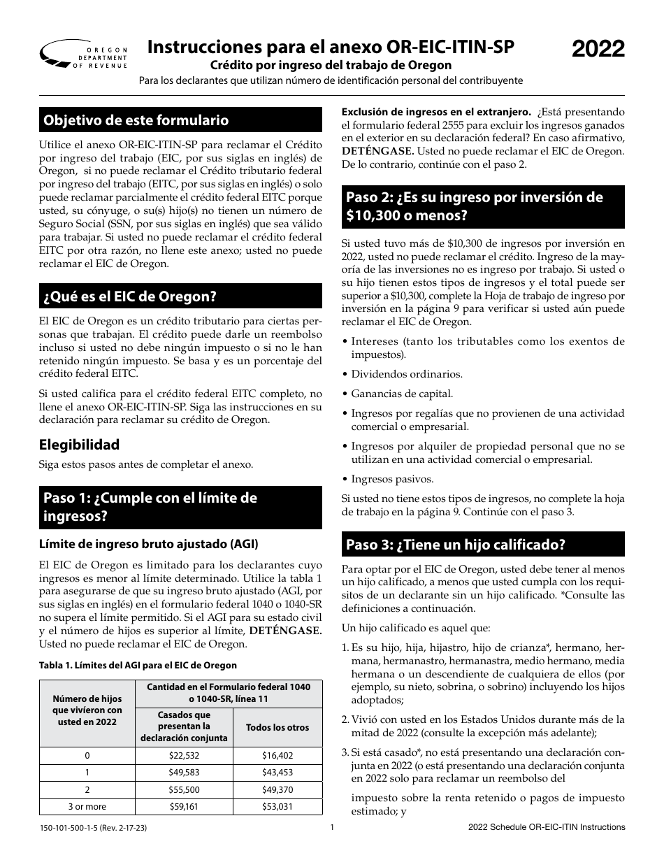 Instrucciones para Formulario 150-101-500, OR-EIC-ITIN Credito Por Ingreso Del Trabajo De Oregon - Oregon (Spanish), Page 1