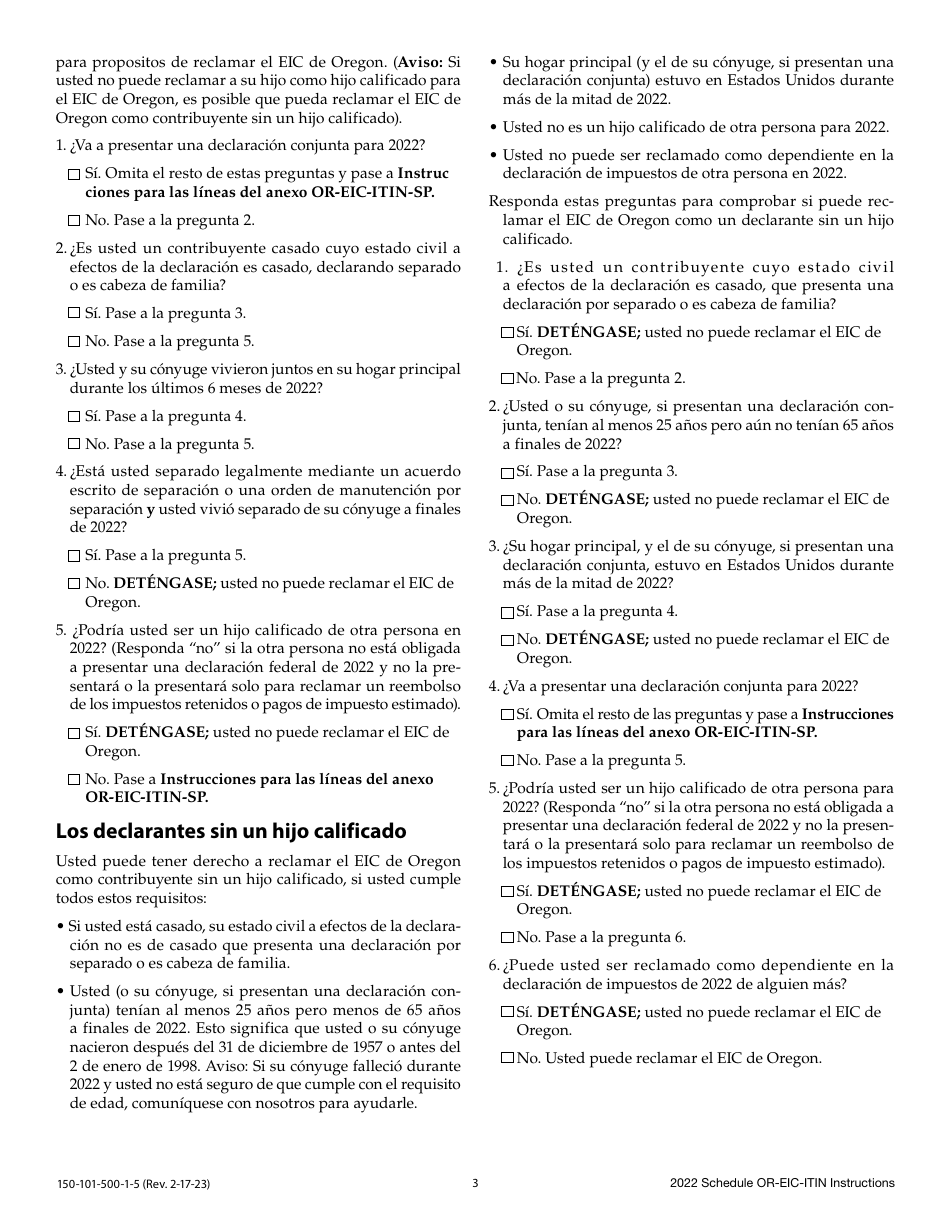 Instrucciones para Formulario 150-101-500, OR-EIC-ITIN Credito Por Ingreso Del Trabajo De Oregon - Oregon (Spanish), Page 3